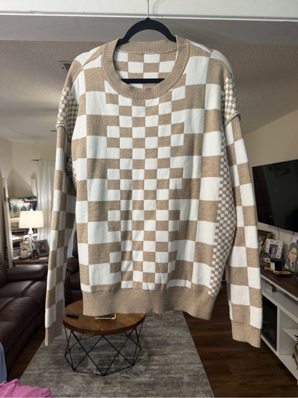 Men's Beige & White Checker Crewneck Sweater